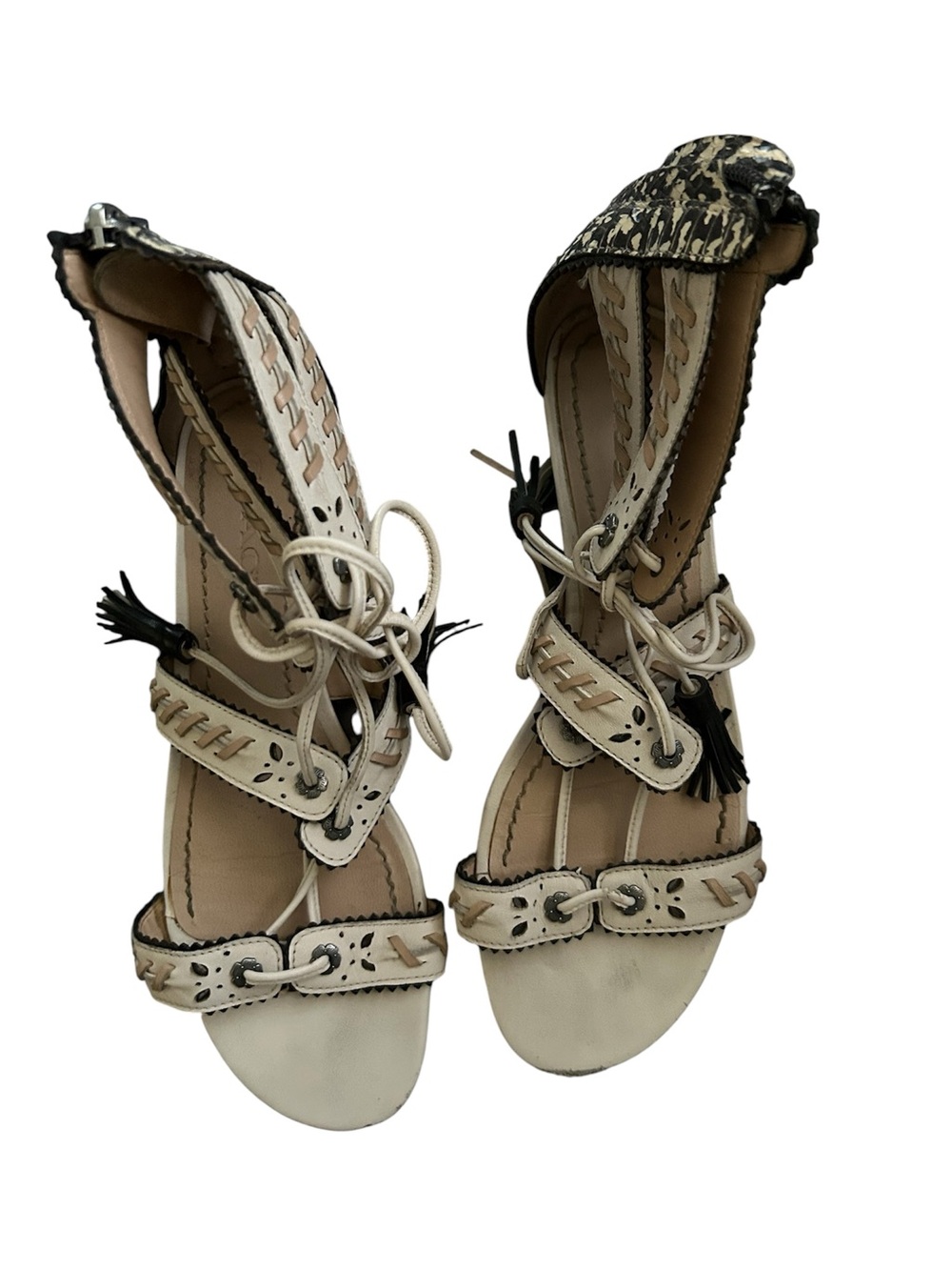 Coach Cream and Black Lace-Up Wedge Sandals